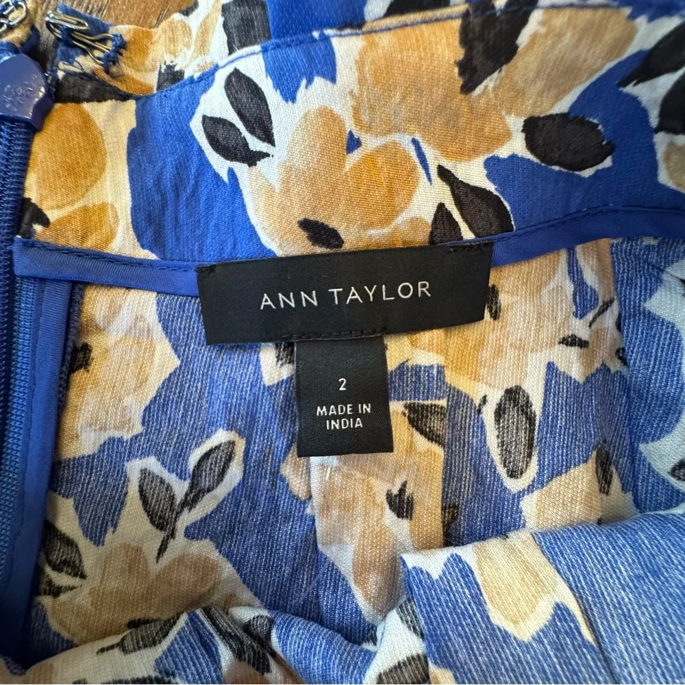 Ann Taylor Blue Floral A-Line‎ Skirt Paperbag Pleated Midi Skirt